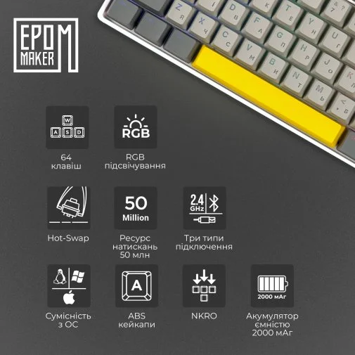 Фото: Клавіатура Epomaker EP64 Mulan Switch Hot-Swap RGB White (EP64-W-M) № 34 | KTC