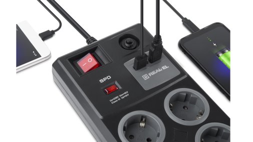 Мережевий фільтр Real-EL RS-8F 8/3m USB Black (EL122300004)