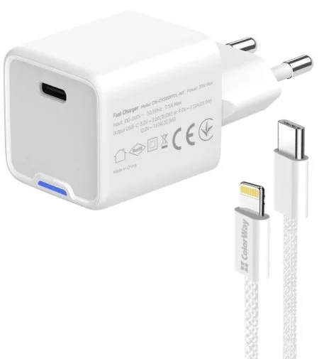Фото: Зарядний пристрій ColorWay GaN Mini 20W White with Type-C/Lightning (CW-CHS059PDL-WT) № 19 | KTC