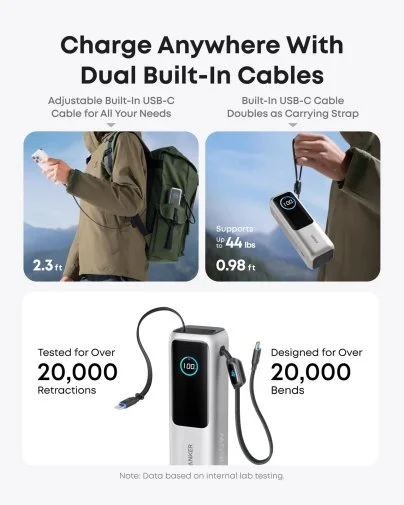 Фото: Батарея універсальна Anker 25000mAh 165W Built-In Double USB-C Cables Silvery (A1695H41) № 9 | KTC