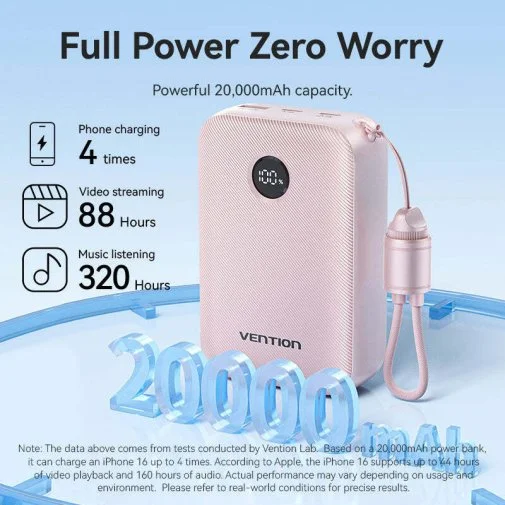 Фото: Батарея універсальна Vention FKBB0-C 20000mAh 22.5W with Built-in USB-C Cable Black № 30 | KTC