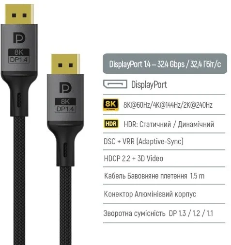 Фото: Кабель ColorWay v1.4 8K DP / DP 1.5m Black (CW-CBDP093-BK) № 8 | KTC