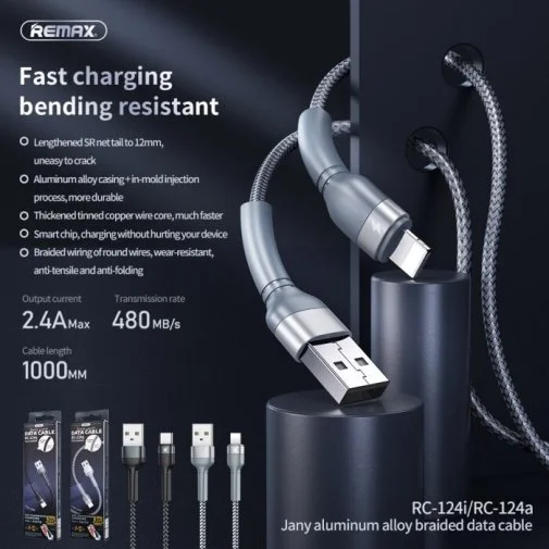 Фото: Кабель Remax Jany Series RC-124 2.4A AM / Lightning 1m Black (6972174152837) № 8 | KTC