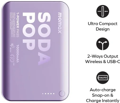 Фото: Батарея універсальна Momax 1-Power Pass 10000mAh 20W / Qi 15W Purple (IP166U) № 22 | KTC