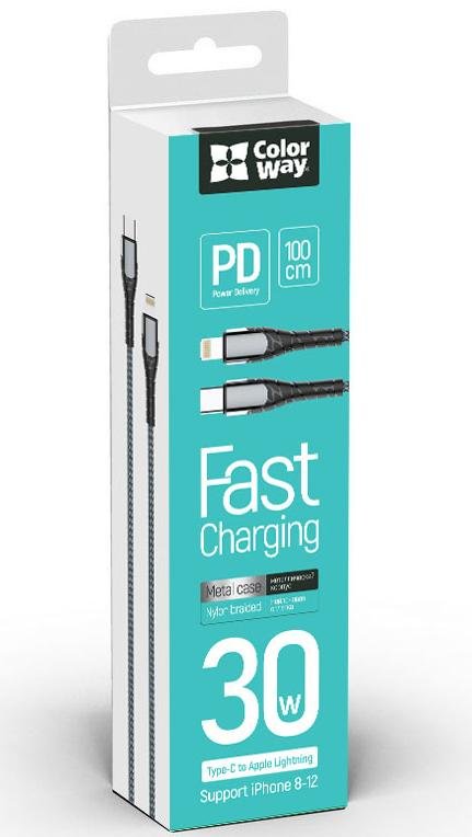 Кабель ColorWay PD Fast Charging Type-C / Lightning 1m Grey (CW-CBPDCL033-GR)
