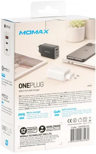 Фото: Зарядний пристрій Momax UM20 Gan One Plug 65W 2xPD QC 3.0 1xUSB White (UM20EUW) № 17 | KTC