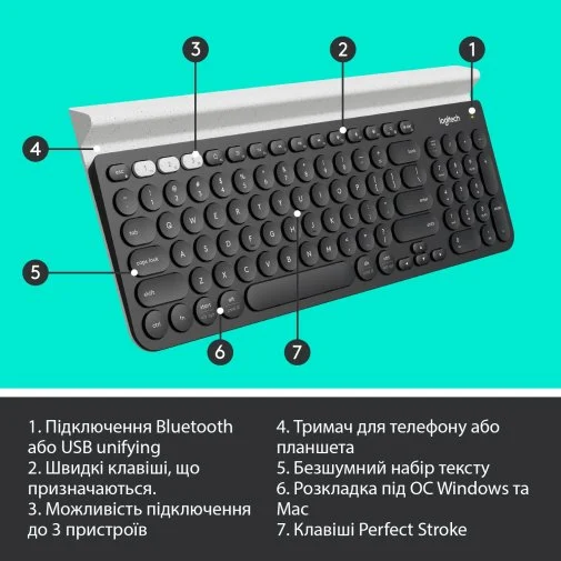 Фото: Клавіатура Logitech K780 Multi-Device Wireless Us/Ukr Dark grey/Speckled White (920-008042) № 20 | KTC