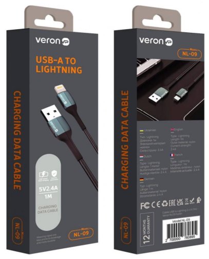 Кабель Veron NL09 Nylon AM / Lightning 1m Black