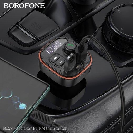 FM-Трансмітер + АЗП BOROFONE BC59 Heroic 15W Black (6941991117312)