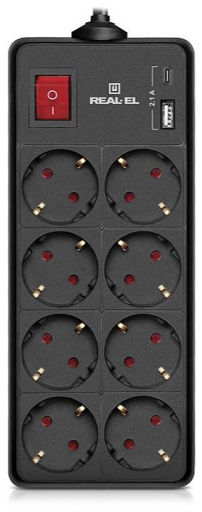  Мережевий фільтр Real-EL RS-Protect 805 8/1.8m USB Black (EL122300042)