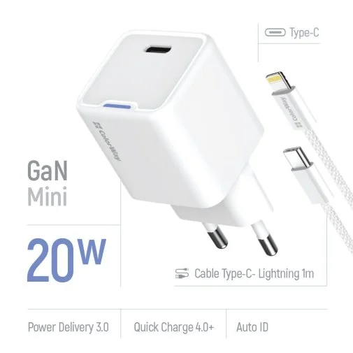 Фото: Зарядний пристрій ColorWay GaN Mini 20W White with Type-C/Lightning (CW-CHS059PDL-WT) № 21 | KTC