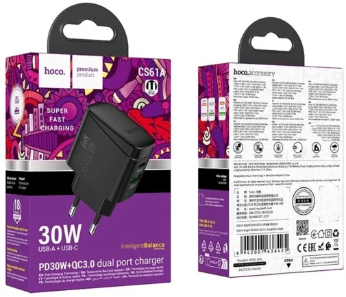 Фото: Зарядний пристрій Hoco CS61A Bright QC3.0 PD 30W Black (6942007638425) № 12 | KTC