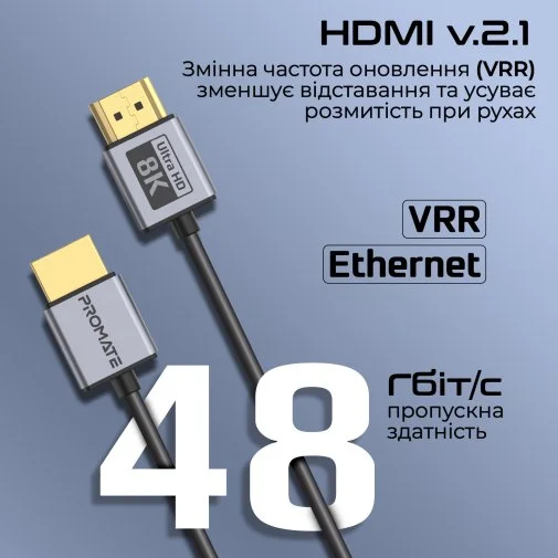 Фото: Кабель Promate PrimeLink8K-150 HDMI / HDMI v.2.1 1.5m Grey (6959144062471) № 13 | KTC