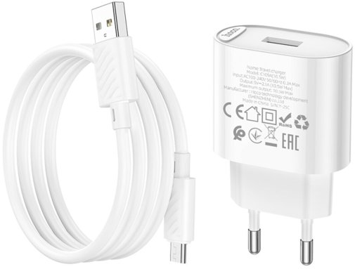 Зарядний пристрій Hoco C109A Fighter 10.5 White with AM / MicroUSB (6942007656603)
