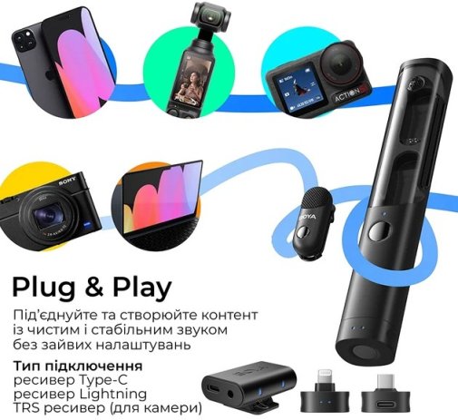 Бездротовий петличний мікрофон Boya Magic-02 Type-C/Lightning Black