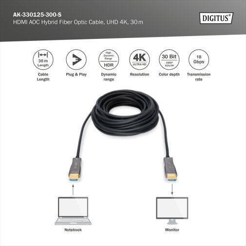 Кабель HDMI to HDMI, 30m, Digitus AK-330125-300-S, Black