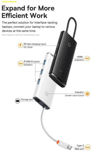 Хаб USB Type-C Baseus Lite Series 5-Port, 3xUSB/Type-C/HDMI, Black