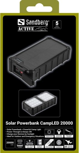Батарея універсальна Sandberg Solar Powerbank CampLED 20000mAh 22.5W Black (421-24)