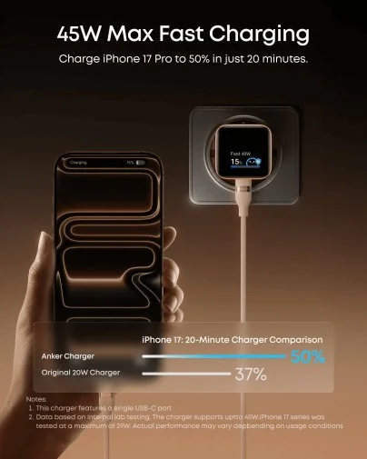 Фото: Зарядний пристрій Anker Nano Charger Smart Display 45W Black (A121DG11) № 11 | KTC