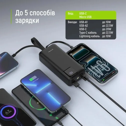 Фото: Батарея універсальна ColorWay EnergyHub 30000mAh 22.5W Built-in Cable Type-C/Lightning (CW-PB300LP05BK) № 21 | KTC
