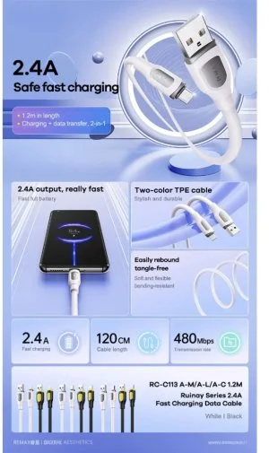 Фото: Кабель Remax Ruinay Series RC-C113 2.4A AM / MicroUSB 1m White (6954851219545) № 4 | KTC
